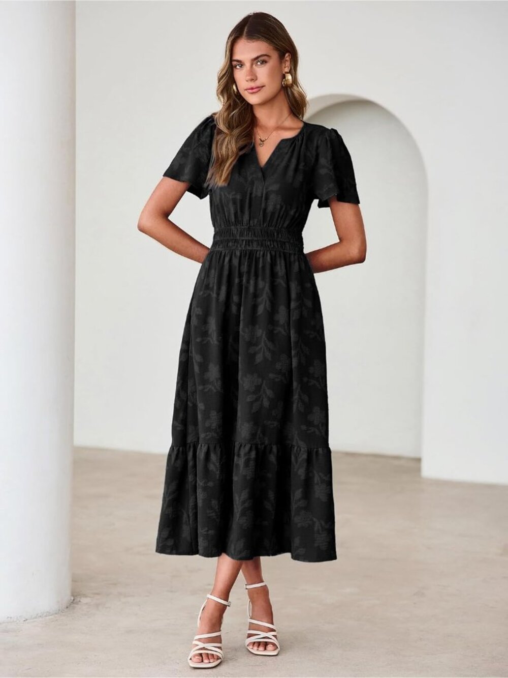 Women's Black Short Sleeve V Neck Empire Waist Floral Imported Maxi Dress - Picture 7 of 7